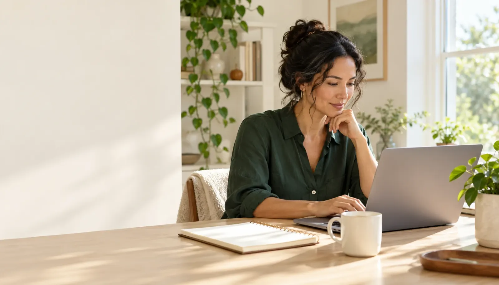 A person working at a laptop at a bright wooden table with a notebook and a mug