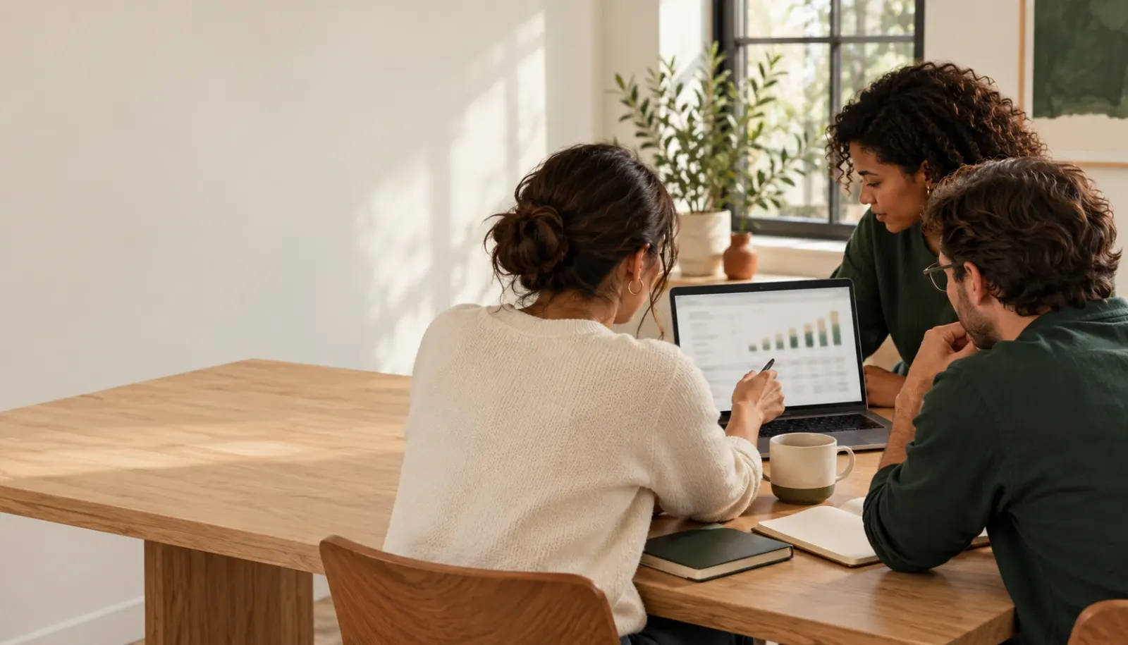 Three people around a table looking at a laptop that shows charts