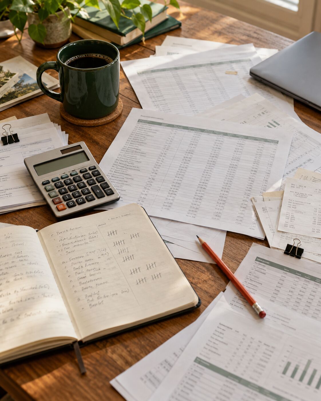 A desk buried in printed spreadsheets, receipts, a calculator and a handwritten tally notebook
